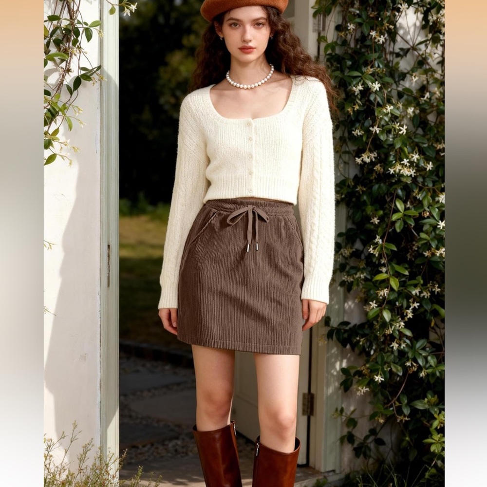 NWT! Mini Corduroy Skort/Skirt High Waisted Drawstring Brown Size S